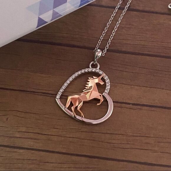 Unicorn in Heart Two-Tone Sterling Silver Rose Gold Necklace - Picture 3 of 4